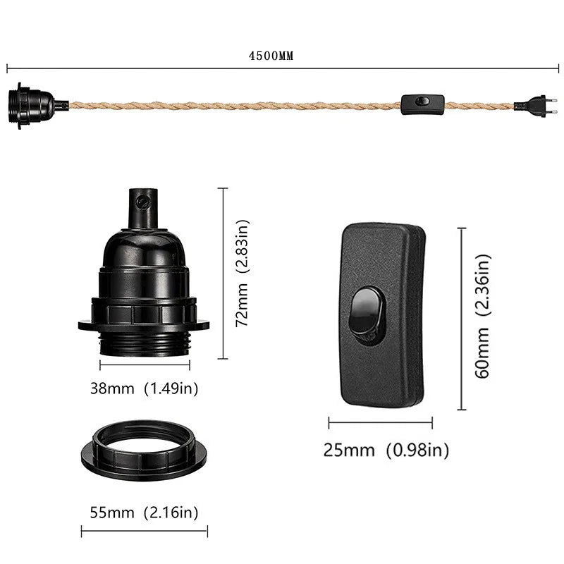 E27E26 Pendant Light Accessories with Hemp Rope Switch Plug Household Removable Small Table Lamp Simple Hemp Rope Lamps 4.5M